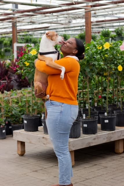 Abi hugging Orion in a sunny greenhouse full of plants.