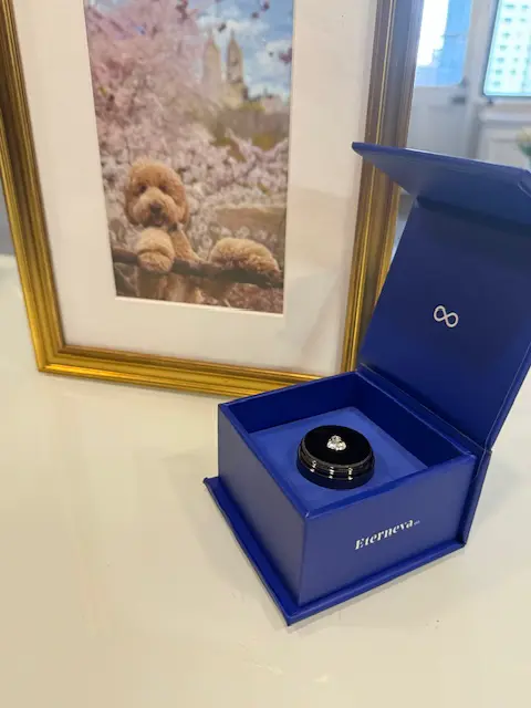 Sawyer's diamond ring in an open blue Eterneva box beside a framed photo of her