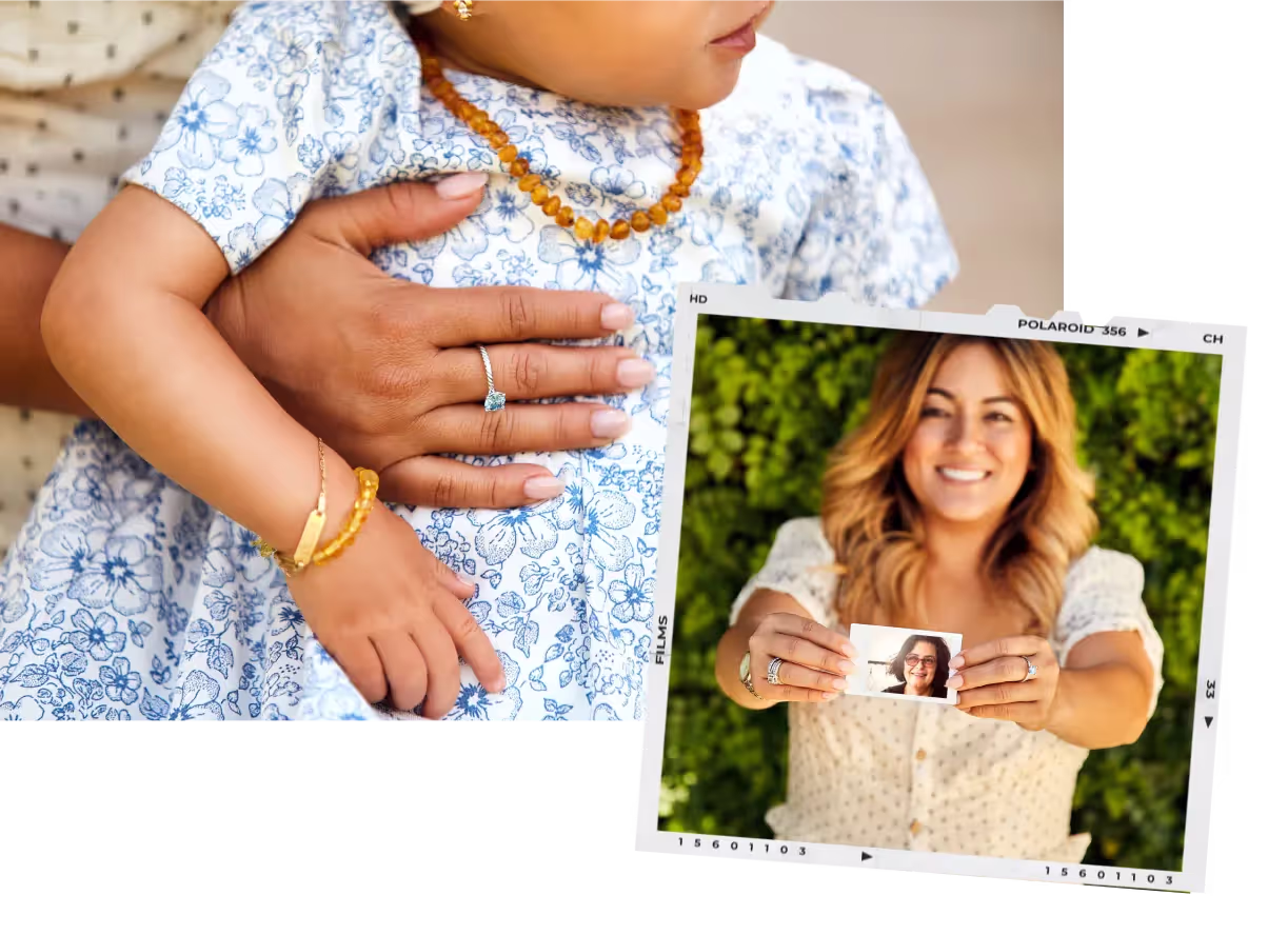 A woman’s hands holding a child in a blue floral dress, with a polaroid overlaid of her holding a photograph of an older woman.