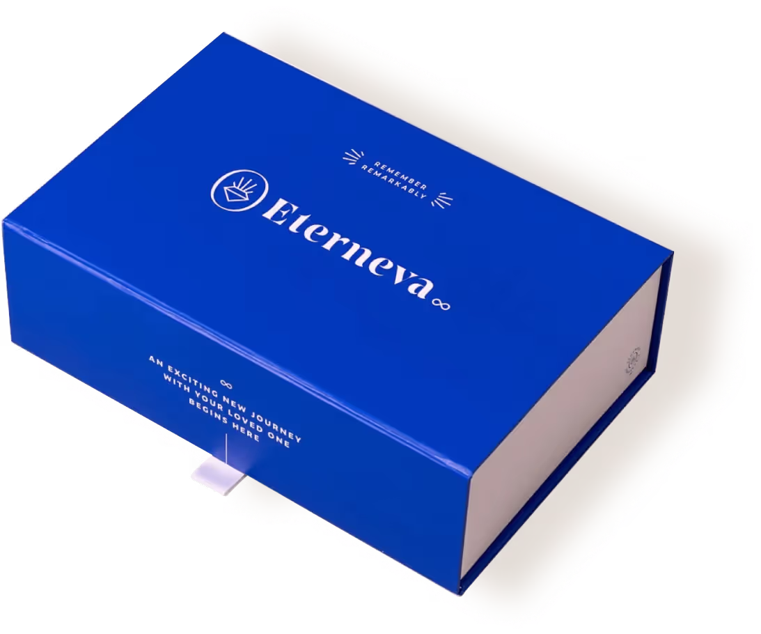 The Eterneva Welcome Kit, open, with its vials and booklet.