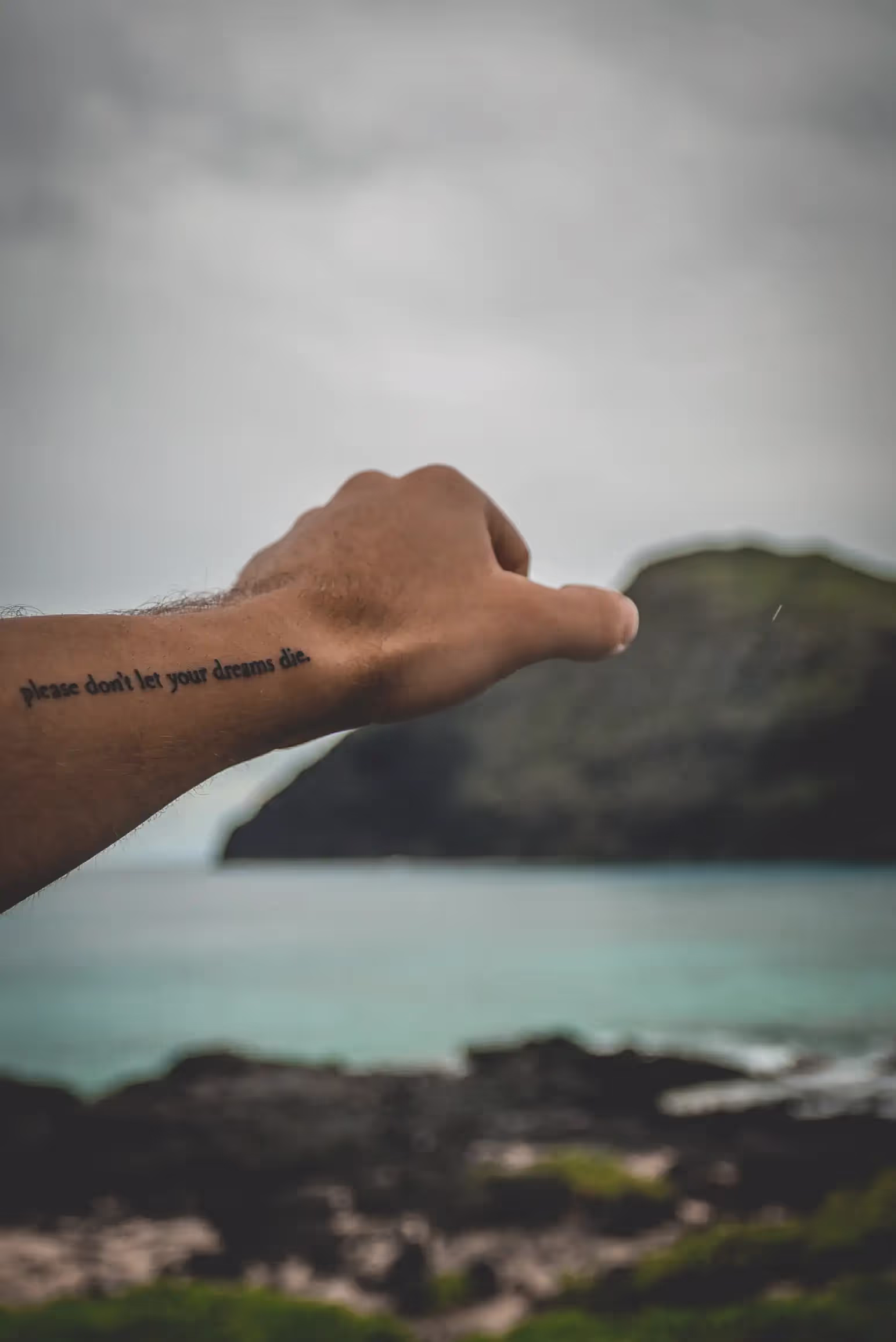 An arm extends with a tattoo on it that says "please don't let your dreams die".