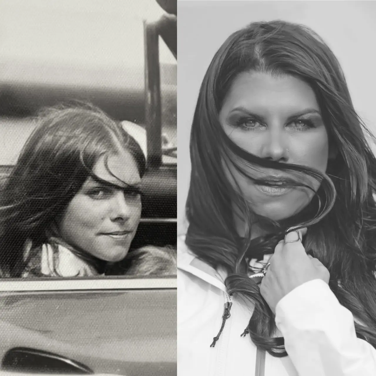 Side-by-side black-and-white portraits of Lizzie's mom and Lizzie, a recreated photo with windblown hair.