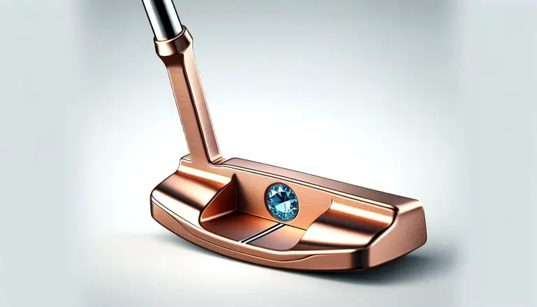 Copper-toned golf putter with a blue memorial diamond set into the head