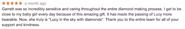 Five-star Google review thanking Garrett for his care during the diamond process for Lucy.