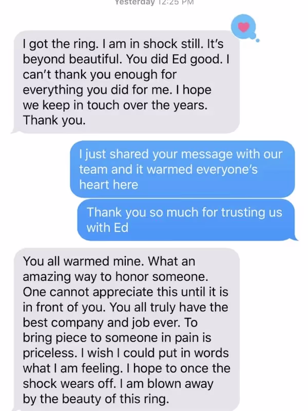 Text messages "I can't thank you enough for everything".