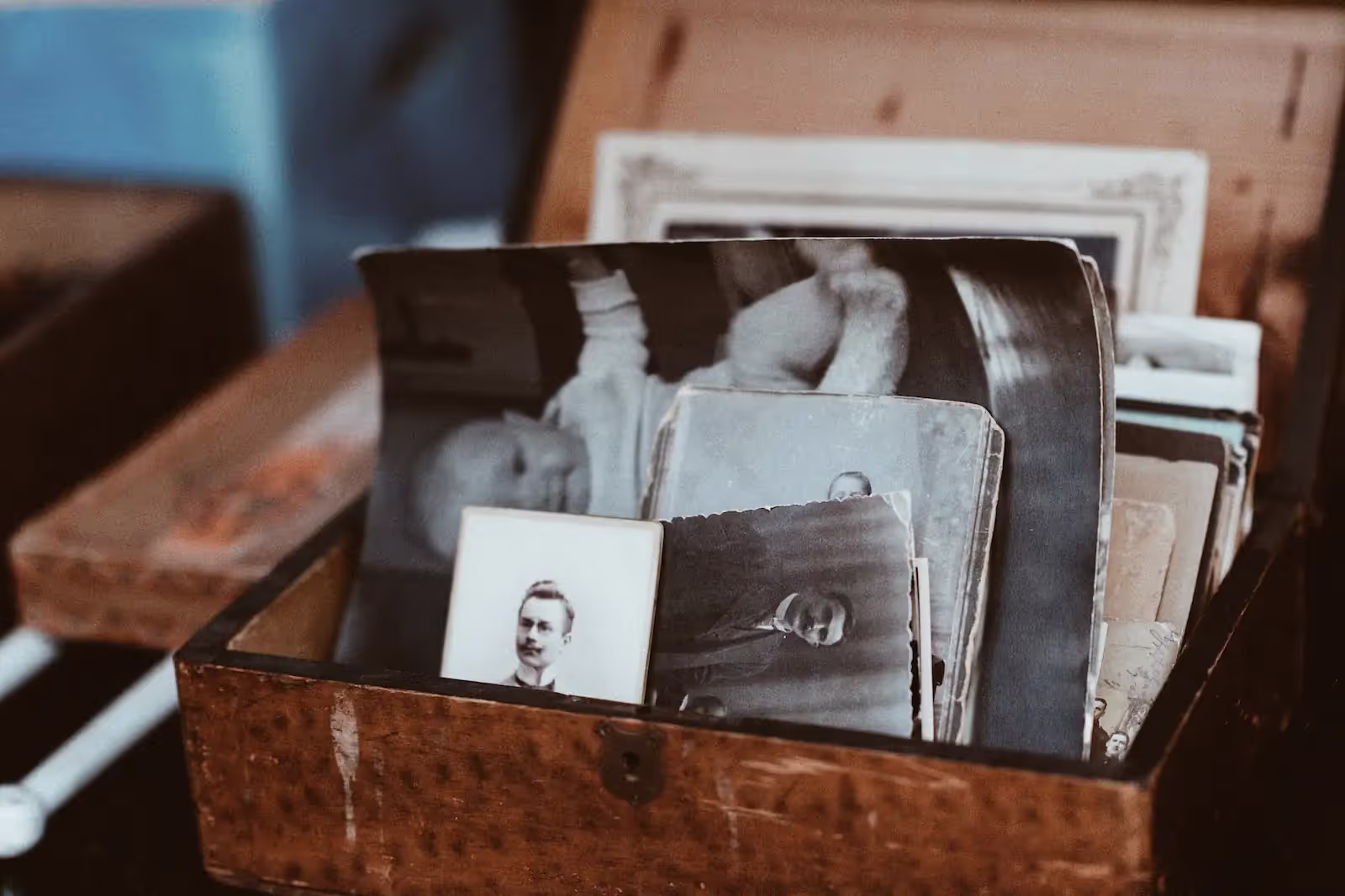 Family photos in a box.
