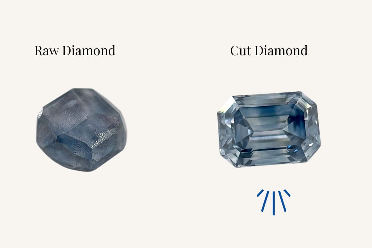 Side-by-side comparison of a raw blue diamond and the same stone cut and polished.