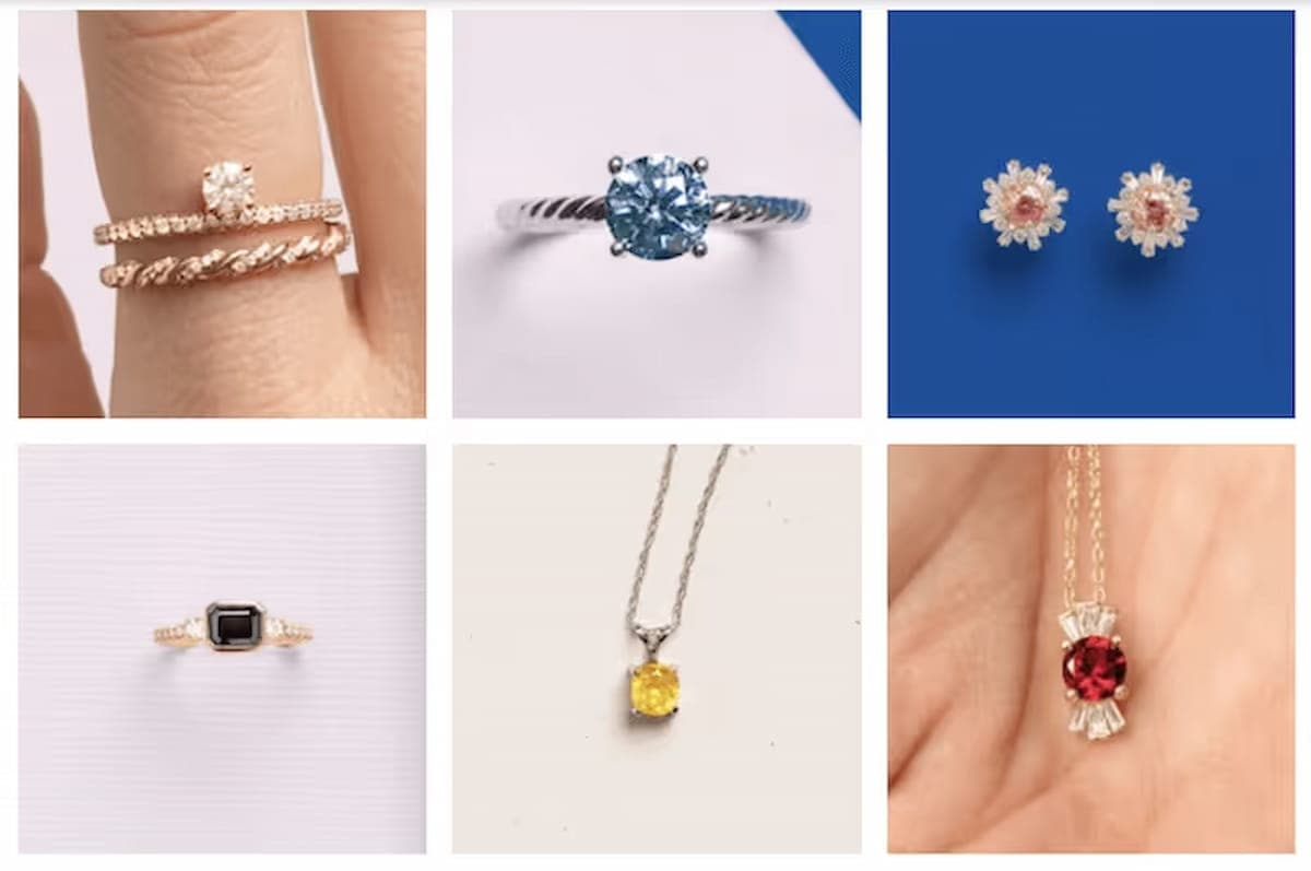 Eterneva memorial diamonds in colorless, blue, pink, black, yellow and red, shown as rings, earrings and necklaces.