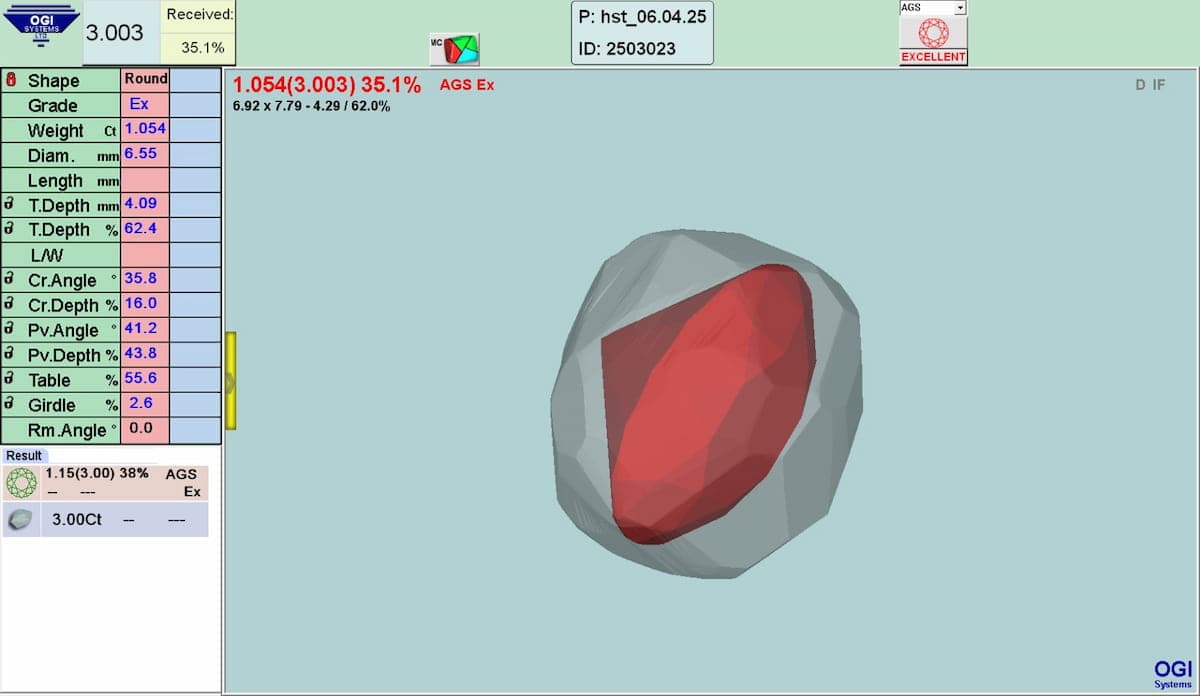 3D model of a rough diamond with mapping data and grading metrics, used to plan the ideal shape before cutting.