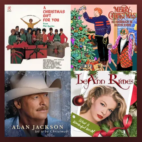 Collage of four Christmas album covers from artists featured on the playlist