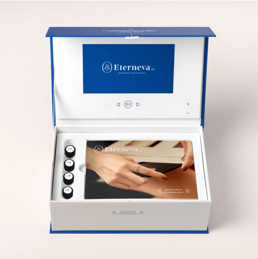 Eterneva welcome kit with four labelled vials and a pamphlet inside an open white and blue box.